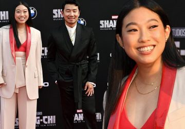 Awkwafina and Simu Liu attend the premiere of their film Shang-Chi And The Legend Of The Ten Rings